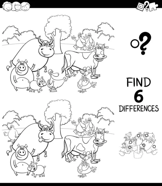 Différences livre de couleurs avec des caractères animaux de ferme — Image vectorielle