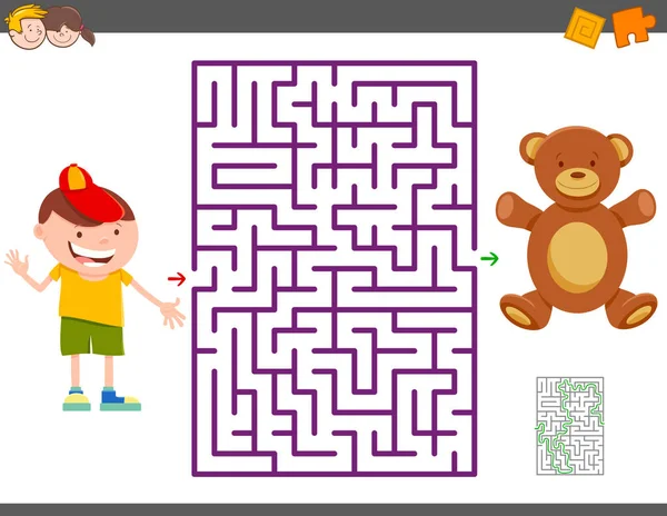 Labirinto gioco con ragazzo dei cartoni animati e orsacchiotto — Vettoriale Stock