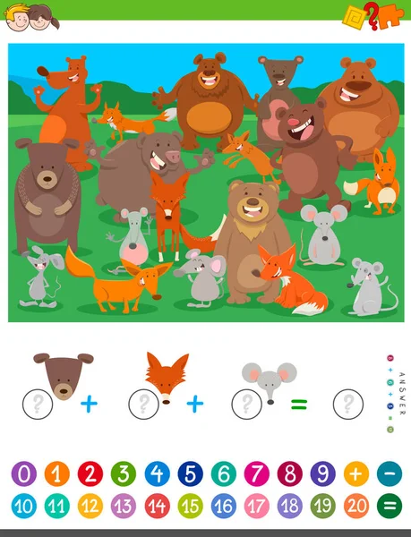 Contar y añadir juego con animales de dibujos animados — Vector de stock