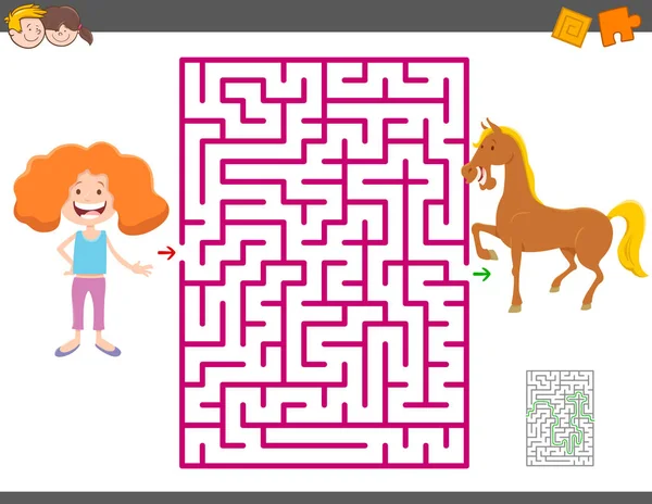 Лабиринт игры с мультяшной девушкой и лошадью — стоковый вектор