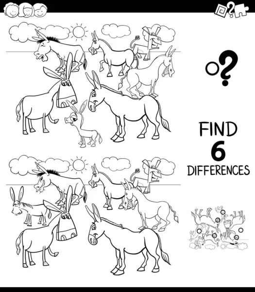 Diferencias color libro con burros animales personajes — Vector de stock