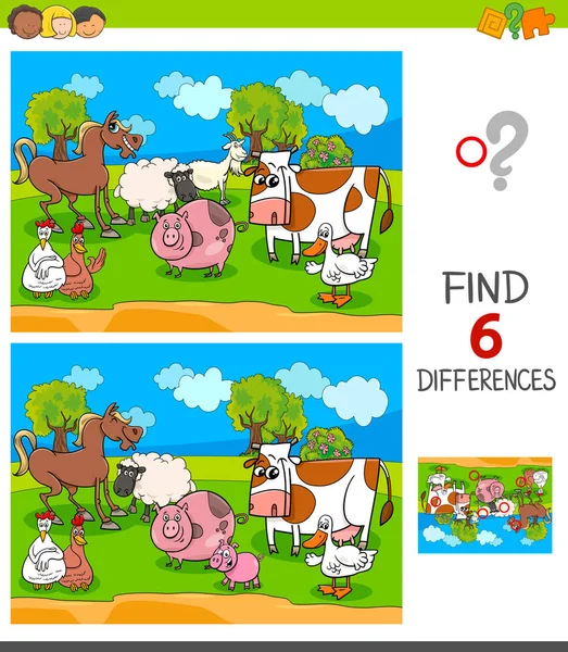 Jeu de différences avec des caractères animaux de ferme — Image vectorielle