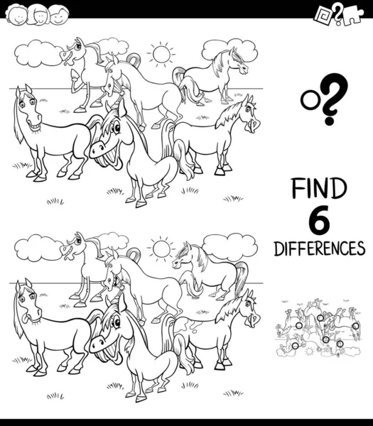 Diferenças livro de cores com cavalos personagens de animais — Vetor de Stock