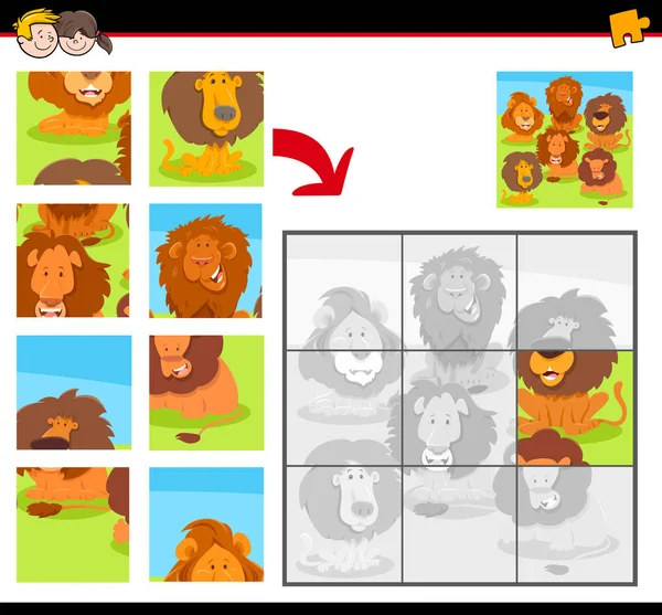 Puzzle puzzles avec dessins animés lions heureux — Image vectorielle