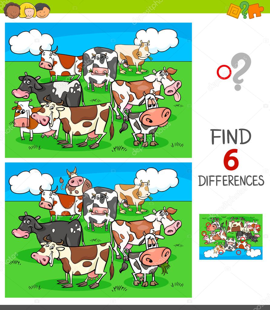 differences game with cows animal characters