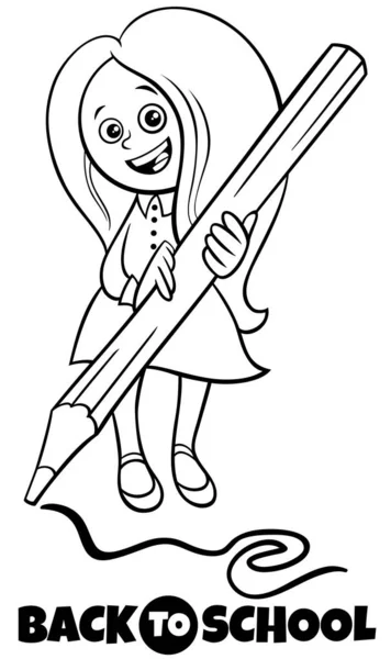 学校の漫画のカラーブックに戻って鉛筆を持つ女の子 — ストックベクタ