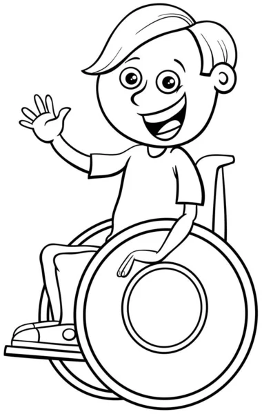 Personagem menino deficiente na cadeira de rodas livro de cores —  Vetores de Stock
