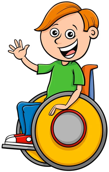 Desenho animado personagem menino com deficiência na cadeira de rodas — Vetor de Stock
