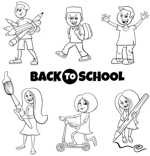 Alumnos niños volver a la escuela caricatura libro en color — Vector de stock