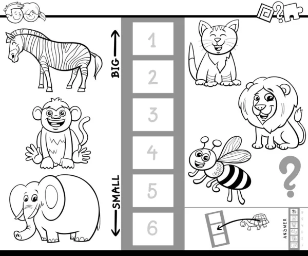 Hitta största och minsta djur spel färg bok — Stock vektor