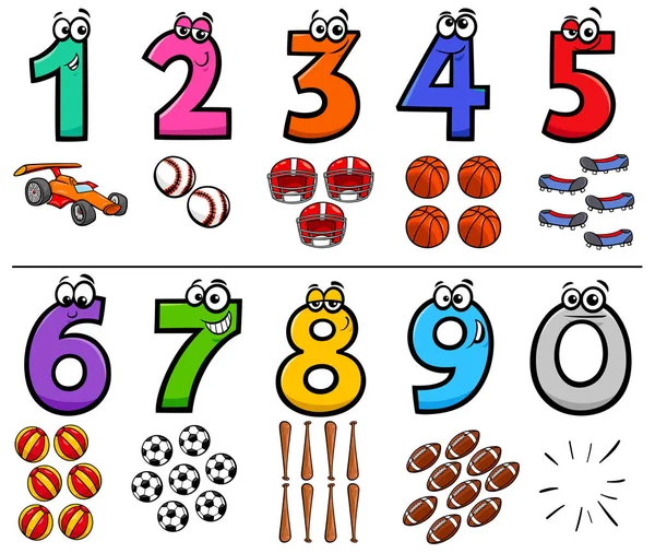 Números educativos de dibujos animados con objetos deportivos — Vector de stock