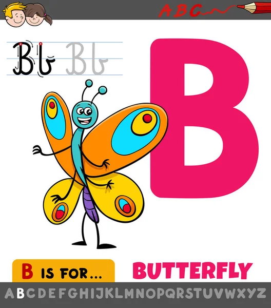 Lembar kerja huruf B dengan gambar kupu-kupu kartun - Stok Vektor