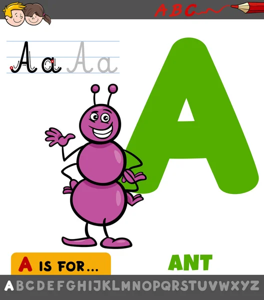 Letter A worksheet with cartoon ant — Stock Vector