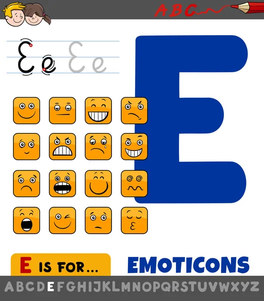 Letter E worksheet with cartoon emoticons — Stock Vector