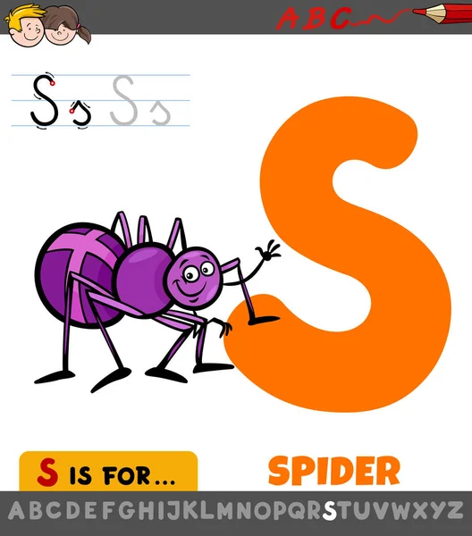 Letra S hoja de trabajo con araña de dibujos animados — Vector de stock