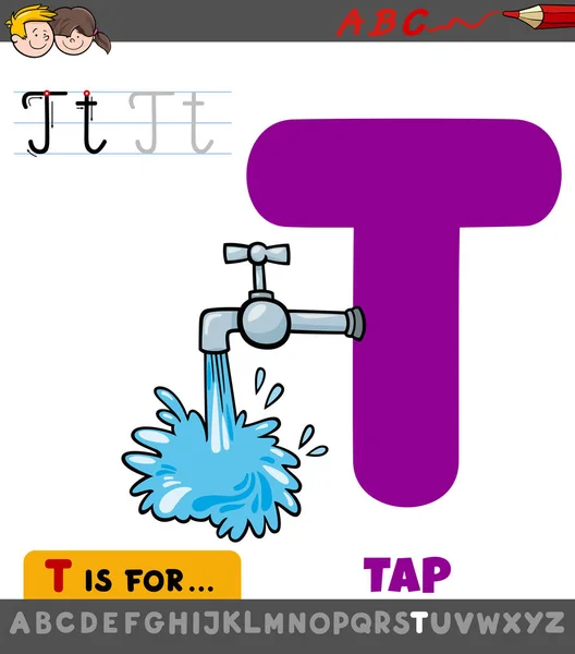 Letter T educatief werkblad met cartoon tap — Stockvector