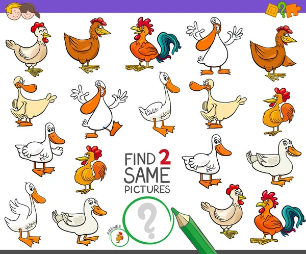 Encontrar dos mismas aves de granja juego para los niños — Archivo Imágenes Vectoriales