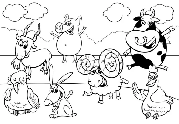 Zwart-wit cartoon boerderij dierlijke karakters groep — Stockvector