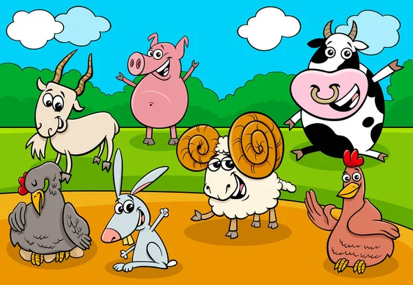 Cartoon Bauernhof Tiere lustige Charaktere Gruppe — Stockvektor