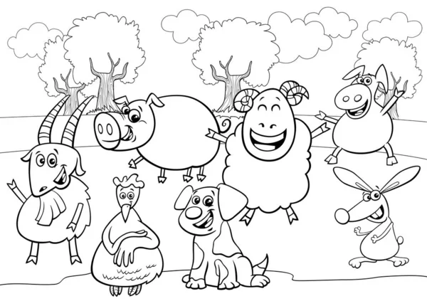 Grupo de personagens animais de fazenda de desenhos animados preto e branco — Vetor de Stock