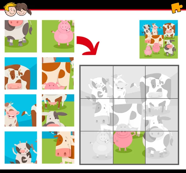 Jigsaw puzzles with cartoon happy farm animals — Stock Vector