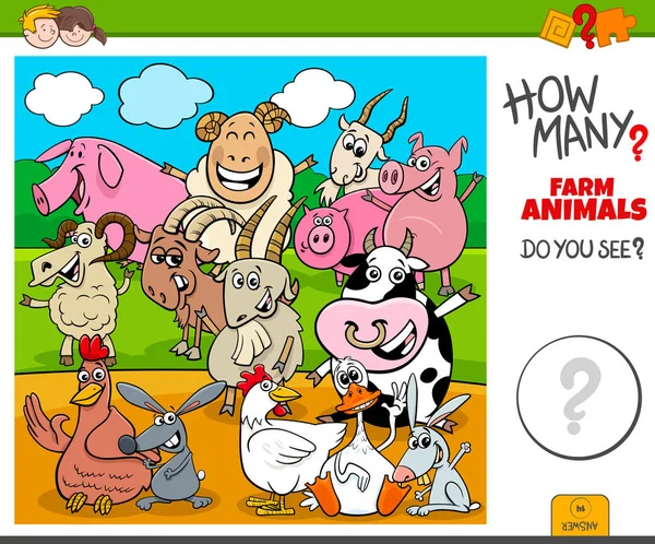 How many farm animals educational task for kids — Stock Vector