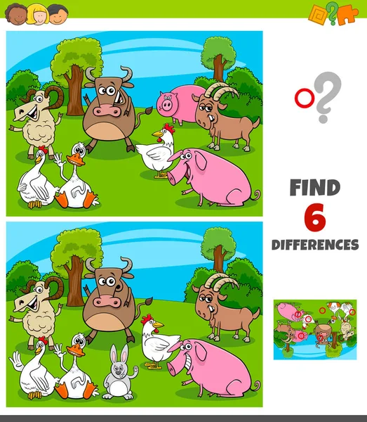 Jeu de différences avec des caractères animaux de ferme — Image vectorielle