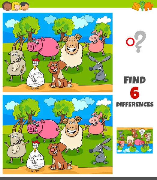 Juego de diferencias con los personajes animales de granja feliz — Vector de stock