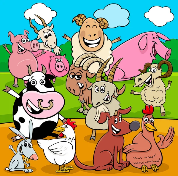 Animales de granja feliz dibujos animados grupo de personajes — Vector de stock