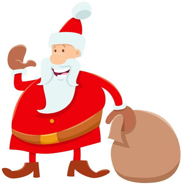 Engraçado personagem de desenho animado Papai Noel com saco de presentes — Vetor de Stock