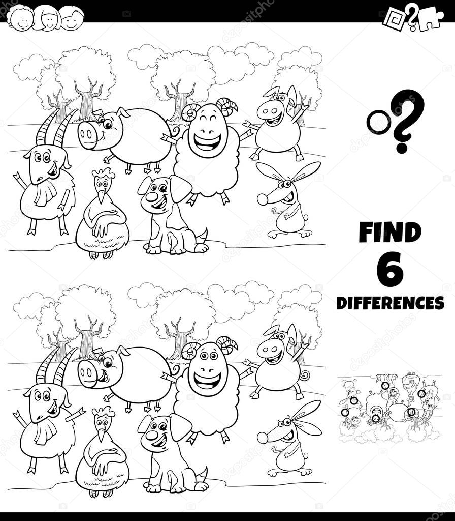 differences coloring game with farm animal characters