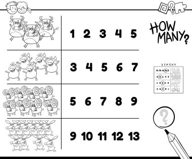 Çiftlik hayvanlarıyla ilgili görevleri saymak çizgi film renk kitabı