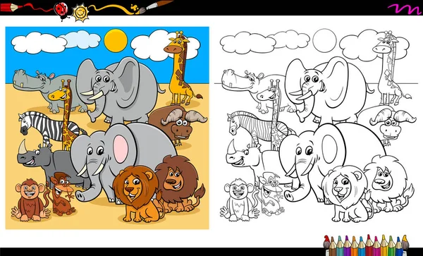 Safari personagens animais grupo livro de colorir — Vetor de Stock