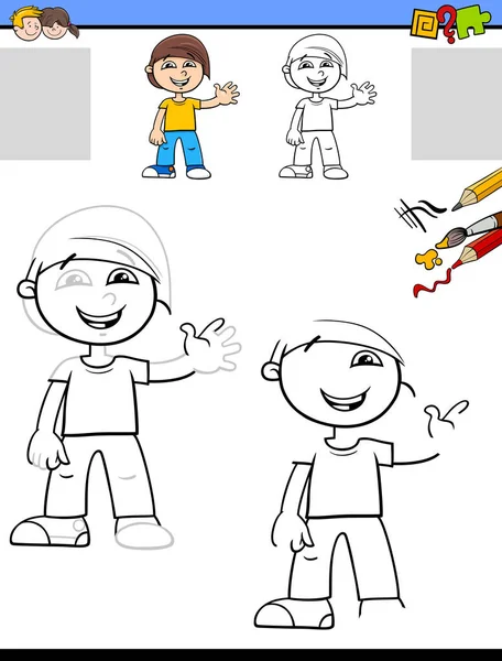 Desenho e colorir planilha com menino feliz — Vetor de Stock