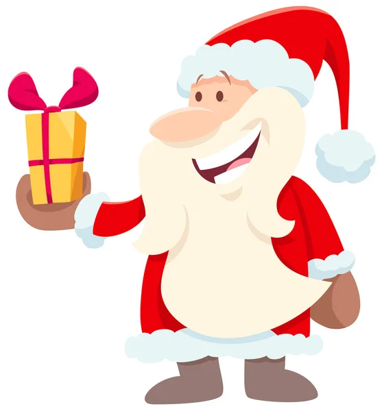 Happy Santa Claus cartoon character with present — Stock Vector
