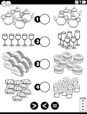 Black and White Cartoon Illustration of Educational Mathematical Puzzle Task of Greater Than, Less Than or Equal to for Children with Food Objests Coloring Book Page clipart