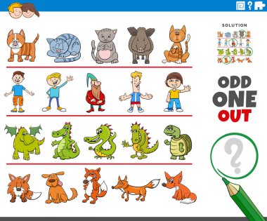 Cartoon Illustration of Odd One Oute Picture in a Row Educational Game for Elementary Age or Preschool Children with Funny Characters clipart