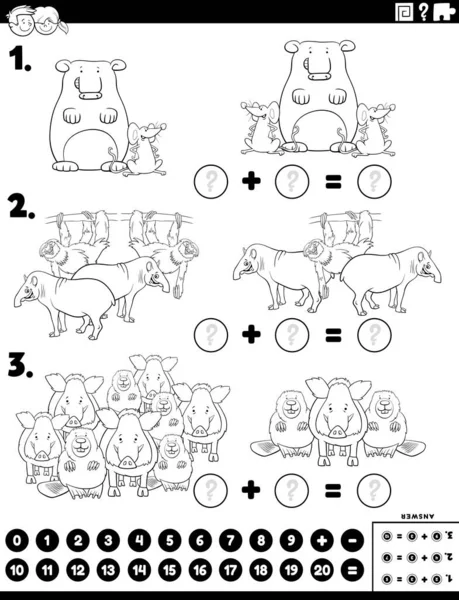 Černobílé Kreslené Ilustrace Vzdělávací Matematické Přidání Puzzle Úkol Komické Divoké — Stockový vektor