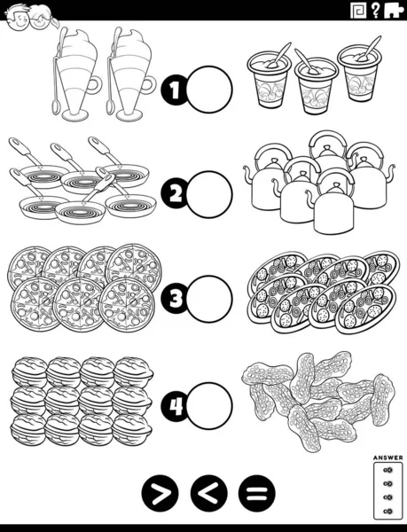 小到或等于有食物物品儿童的教育数学难题的黑白卡通图解 — 图库矢量图片