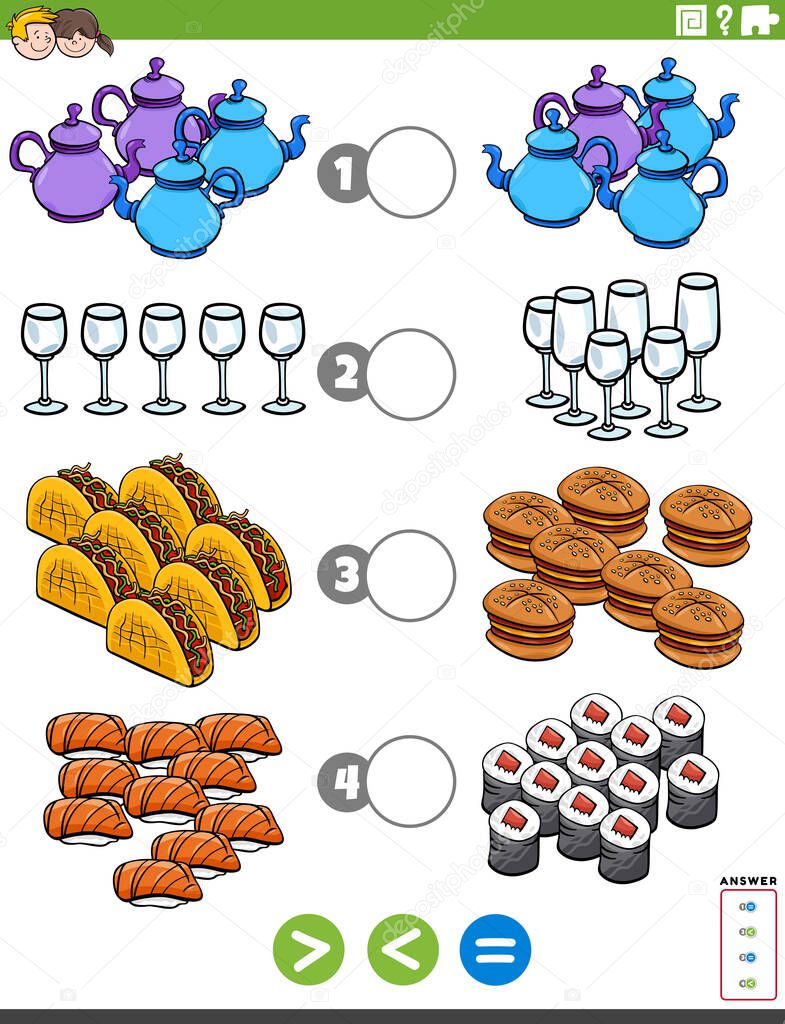 Cartoon Illustration of Educational Mathematical Puzzle Task of Greater Than, Less Than or Equal to for Children with Food Objests