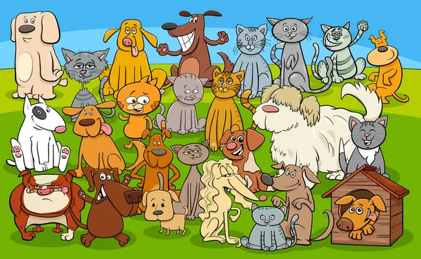 Illustrazione Dei Cartoni Animati Cani Gatti Gruppo Personaggi Animali — Vettoriale Stock