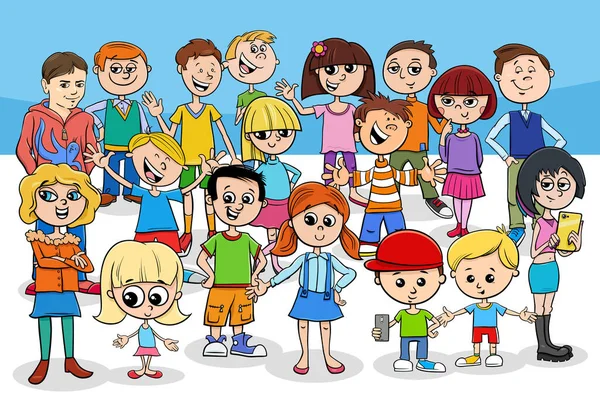 Ilustración Dibujos Animados Niños Edad Preescolar Primaria Grupo Personajes Adolescentes — Vector de stock