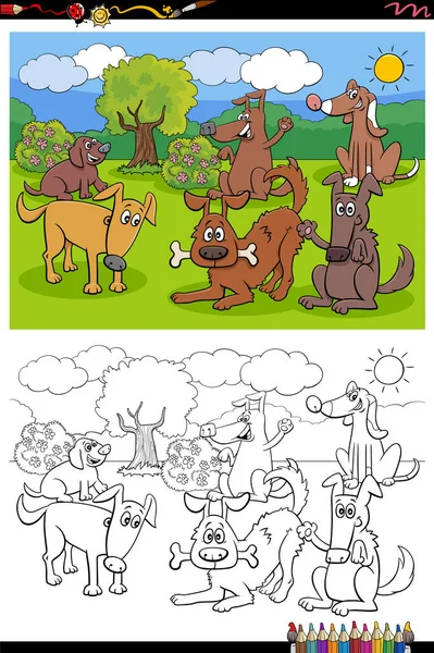 Ilustración Dibujos Animados Perros Juguetones Felices Mascotas Animales Personajes Grupo — Vector de stock