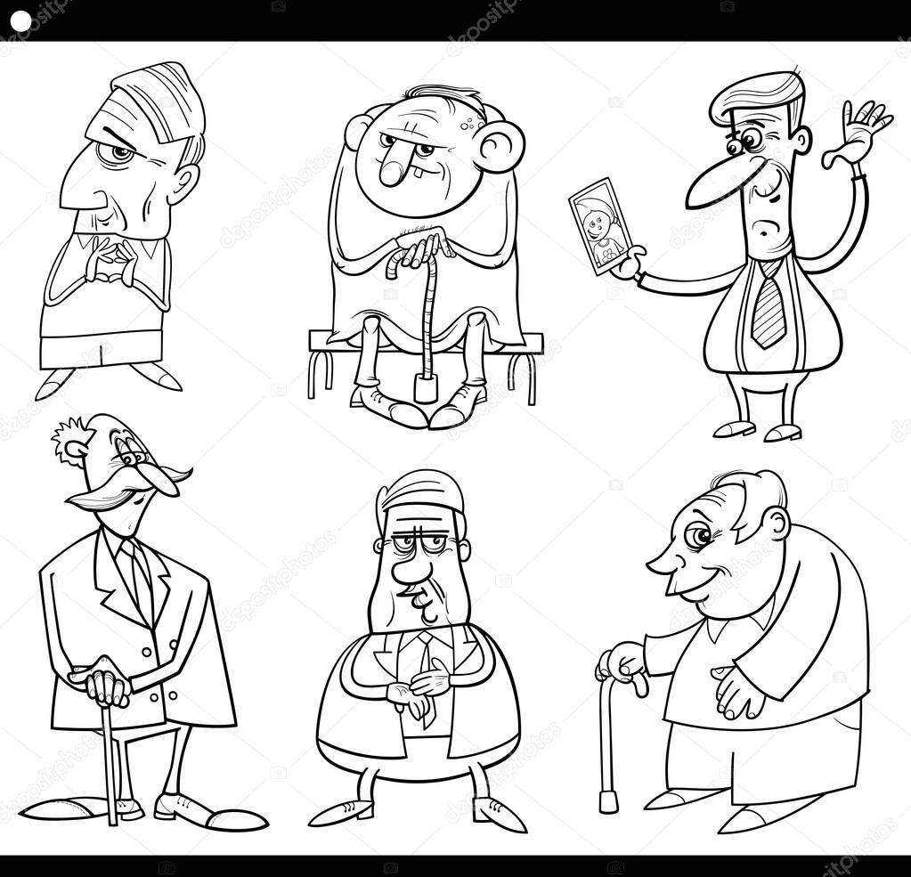 Black and White Cartoon Illustration of Elder Men Seniors Characters Set