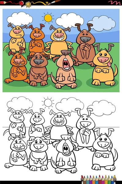 面白い犬ペットの漫画イラスト動物キャラクターグループぬりえブックページ — ストックベクタ