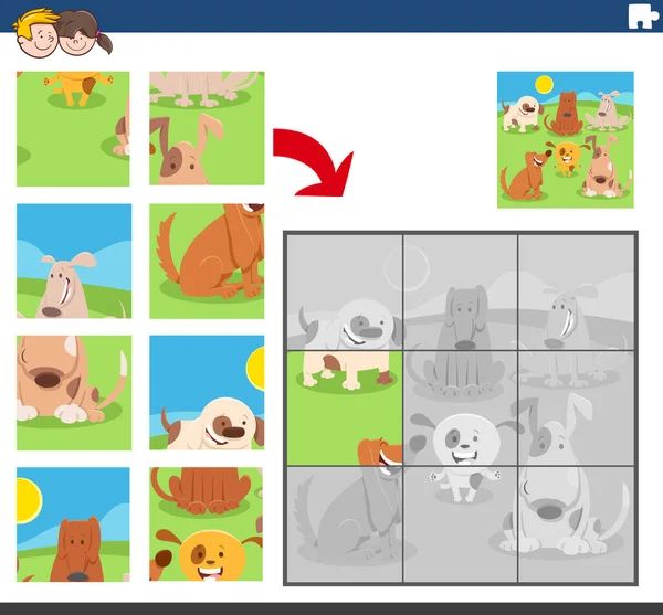 Cartoon Illustration Educational Jigsaw Puzzle Game Children Funny Dogs Puppies — стоковий вектор