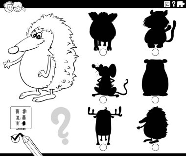 Vahşi Hayvan Karakterleri Boyama Kitabı Sayfası ile Çocuklar için Doğru Gölgeyi Bulmanın Siyah ve Beyaz Çizgi Film Çizimi