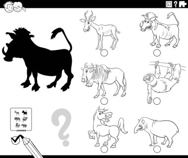 Vahşi Hayvan Karakterleri Boyama Kitabı Sayfası ile Çocuklar için Gölge Eğitimi Oyununun Doğru Resmini Bulmanın Siyah ve Beyaz Çizgi Filmi