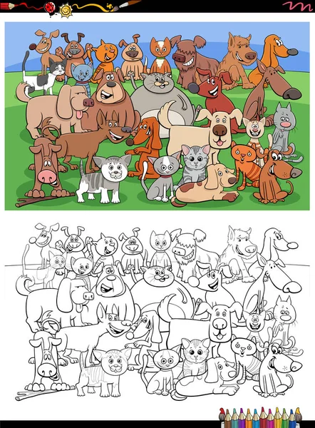 Komik Kediler Köpekler Hayvan Karakterleri Grubu Renklendirme Sayfası Çizgi Filmi — Stok Vektör