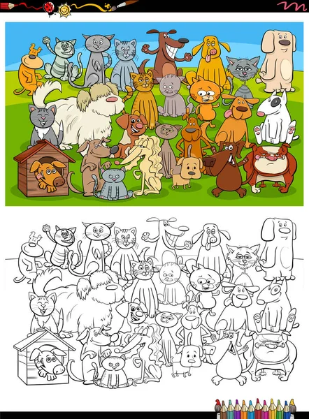 Мультфільм Ілюстрація Смішних Собак Котів Домашні Тварини Персонажі Групи Розмальовка — стоковий вектор